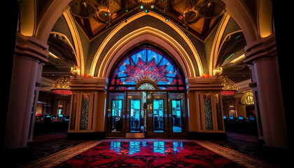 Fototapeta premium Illuminated altar inside old cathedral, majestic gothic architecture generated by AI