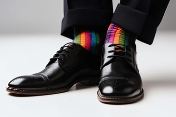 White Background With Rainbow Color Socks And Businessman Shoes And Copyspace Generative AI