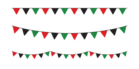 Obraz premium Red, black and green colored party bunting as the colors of the Pan-African flag. For Juneteenth and Black History Month. Flat vector illustration.