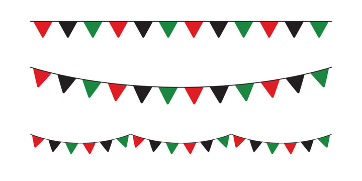 Red, black and green colored party bunting as the colors of the Pan-African flag. For Juneteenth and Black History Month. Flat vector illustration.