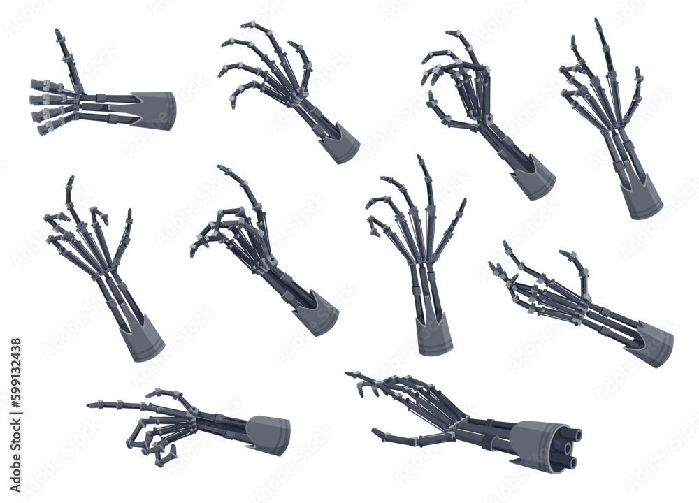 Poster robot hands or arms. future artificial technology, cyborg mechanical hand with metallic fingers grip