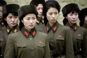 Group of North Korean female soldiers. Generative AI - obrazy, fototapety, plakaty