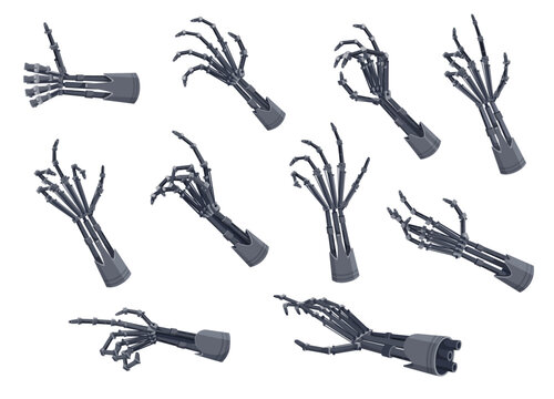 Robot hands or arms. Future artificial technology, cyborg mechanical hand with metallic fingers grip and release with precision and strength. Isolated vector automated bionic limb set showing gestures