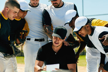 Heres our plan for todays game...a group of young baseball players having a meeting with their...