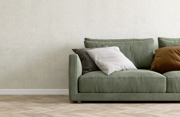Modern, comfortable sage green suede leather sofa with black, gray cushion in sunlight on white...