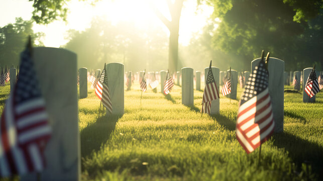 US Flag at Military Cemetery on Veterans Day or Memorial Day. Concept National holidays, Flag Day, Veterans Day, Memorial Day, Independence Day, Patriot Day. Generative AI.