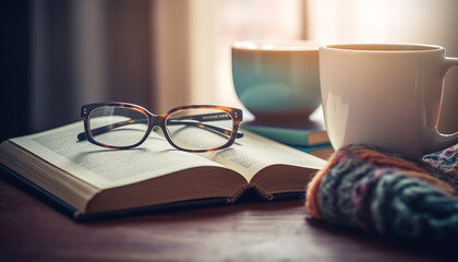 Naklejka premium Reading textbook on table, sipping coffee indoors generated by AI