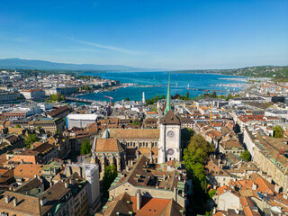 Naklejka na ściany i meble Aerial photograph of Geneva, Geneva city view to the lake. Taken above the old town.