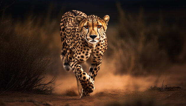 Majestic cheetah walking in African savannah sunset generated by AI