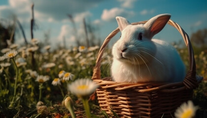 Fluffy baby rabbit sitting in wicker basket generated by AI