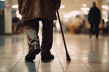 Obraz premium Old Man Walking In Mall With Cane With Crowd Background Generative AI
