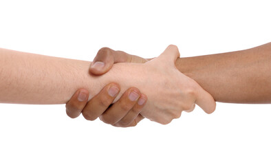 International relationships. People holding hands on white background, closeup