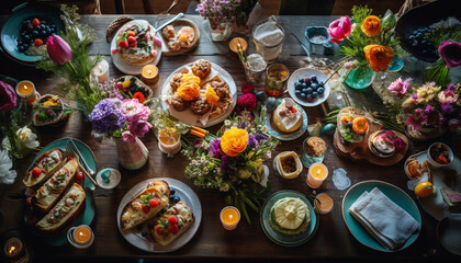 Sweet berry bouquet decorates rustic wooden table generated by AI