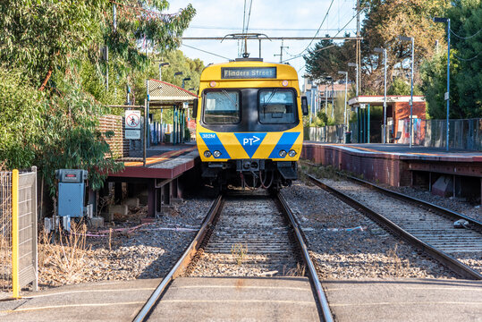 Brunswick, Victoria, Australia, 11th April 2023: A Public Transport Victoria train is stopped at the Brunswick train station platform on its way to Flinders Street