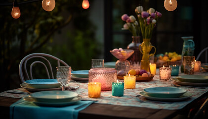 Luxury candlelight dinner party elegant decor, relaxation, romance generated by AI
