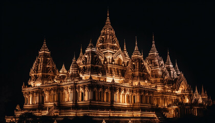 Fototapeta na wymiar Majestic pagoda illuminated at night, ancient spirituality generated by AI