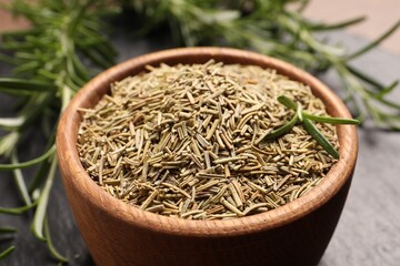 Closeup view of bowl with dry rosemary