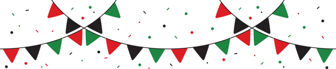 Red, black and green colored party bunting as the colors of the Pan-African flag. For Juneteenth and Black History Month. Flat design illustration.