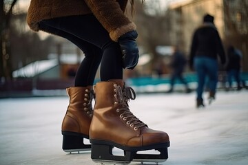 Brown Skates Figure Skater Ice Skating On Rink Backdrop Generative AI