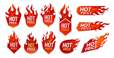 Hot price deal promotion labels with fire flames. Isolated vector tags for discounted items, retail promotions or clearance sales. Badges or icons with red burning blaze tongues, special offer promo - obrazy, fototapety, plakaty
