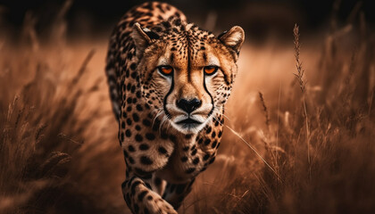 Spotted cheetah staring, majestic beauty in nature generated by AI