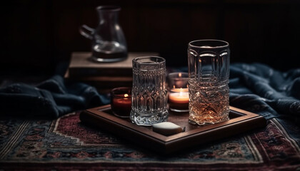 Fototapeta na wymiar Luxury whiskey in old fashioned glass on table generated by AI