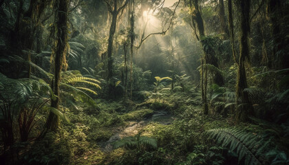 Mysterious fog shrouds tranquil tropical rainforest beauty generated by AI