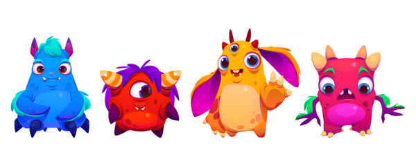 Cute cartoon monster vector character. Funny alien set for halloween illustration. Happy kid animal creature with face, eye and mouth. Isolated little beast mascot clipart for comic baby game. © klyaksun