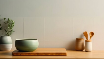 Fototapeta na wymiar Minimal cozy counter mockup design for product presentation background. Branding in Japan style with wood top green counter and warm white wall with vase plant ceramic mug. generative ai variation 3