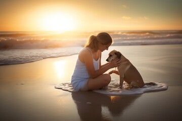 Fototapeta premium Heartwarming scene between mothers and their beloved pets or animals, showcasing moments of affection, where a mother tenderly cradles a sleeping dog in her arms, Generative AI