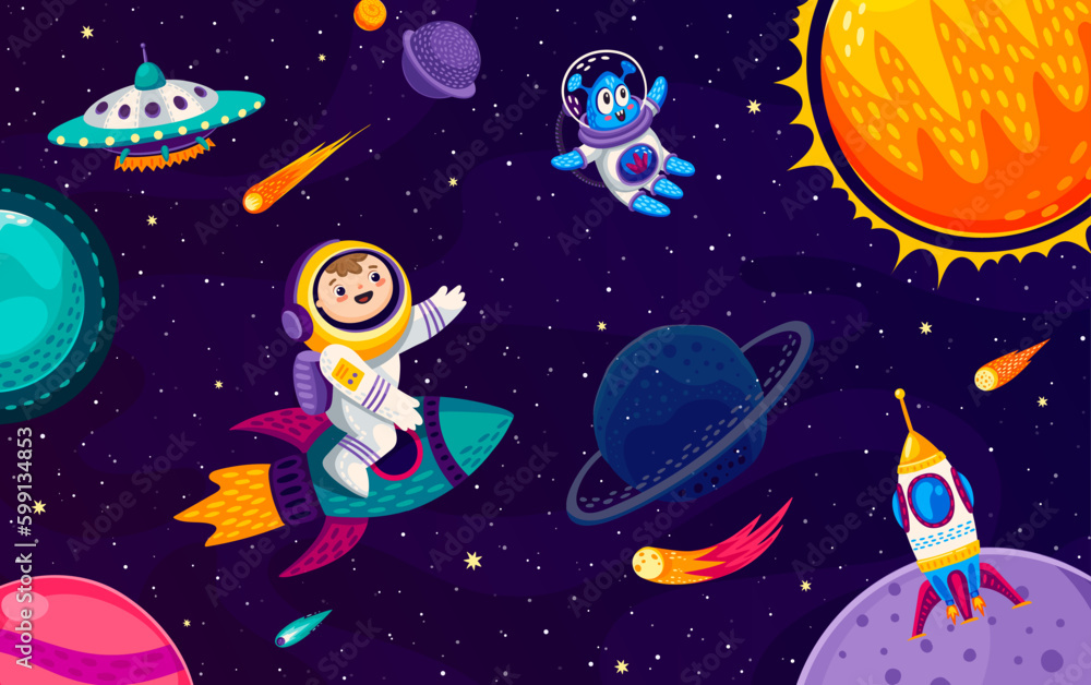 Poster kid astronaut and alien characters on space galaxy. cartoon vector child cosmonaut riding rocket in 