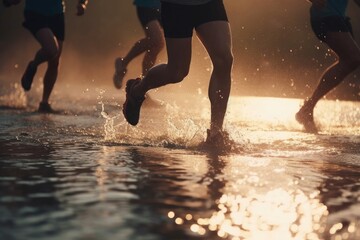 Runners Jogging In Water With Copyspace Generative AI
