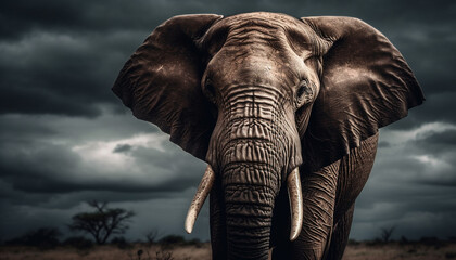 Fototapeta na wymiar Majestic African elephant walking through savannah landscape generated by AI