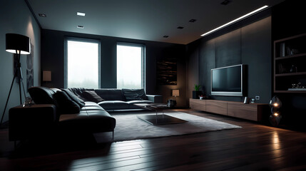 Modern dark living room interior with stylish comfortable sofa, Generative AI