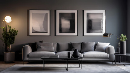 Modern dark living room interior with stylish comfortable sofa, Generative AI