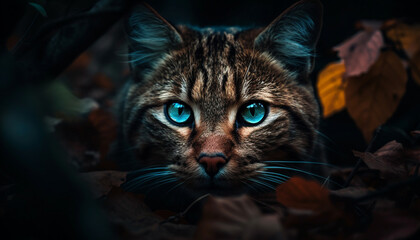 Fluffy kitten hiding in autumn forest leaves generated by AI