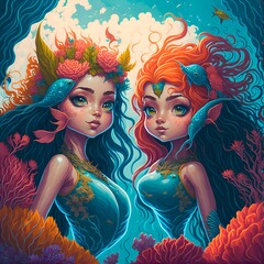 Aqua and Marina, Two mischievous mermaid sisters . The sun was setting , a beautiful coral reef with colorful fish and waving seaweed.