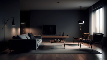 Modern dark living room interior with stylish comfortable sofa, Generative AI