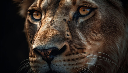 Majestic feline staring, close up portrait of lion generated by AI