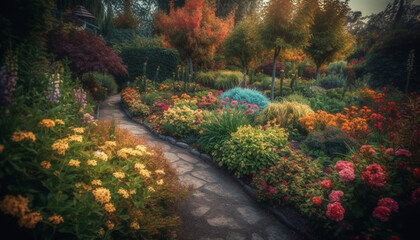 Vibrant flowers decorate the tranquil meadow scene generated by AI