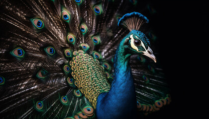 Obraz premium Majestic peacock displays ornate beauty in nature generated by AI