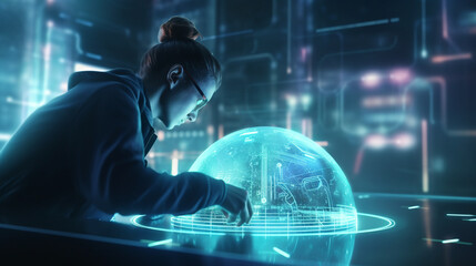 person working on a glass sphere in a futuristic setting. Generative Ai