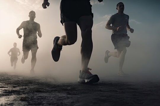 Runners Running Through Mist Backdrop Generative AI