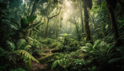Fototapeta na wymiar Tranquil scene of wet tropical rainforest growth generated by AI