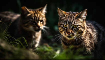 Striped kitten sitting in grass, watching nature generated by AI