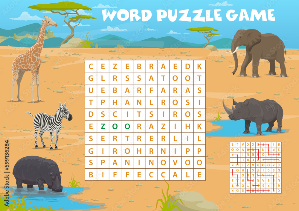 Wall mural word search puzzle game with african savannah safari animals, vector kids quiz worksheet. elephant, 