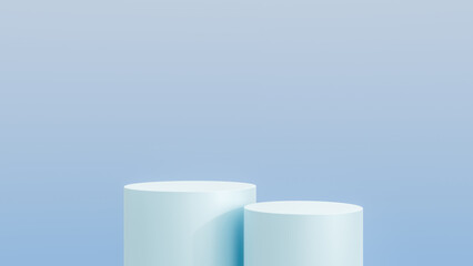 Abstract 3D blue cylinder pedestal podium with blue background. Pastel blue minimal scene with lighting for product display presentation.
