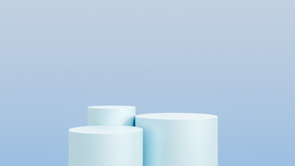 Abstract 3D blue cylinder pedestal podium with blue background. Pastel blue minimal scene with lighting for product display presentation.