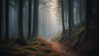 Obraz premium Mysterious forest path, autumn leaves crunching underfoot generated by AI