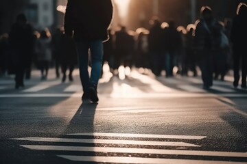 Group Of People Walking Across Street With Crowd Background Generative AI